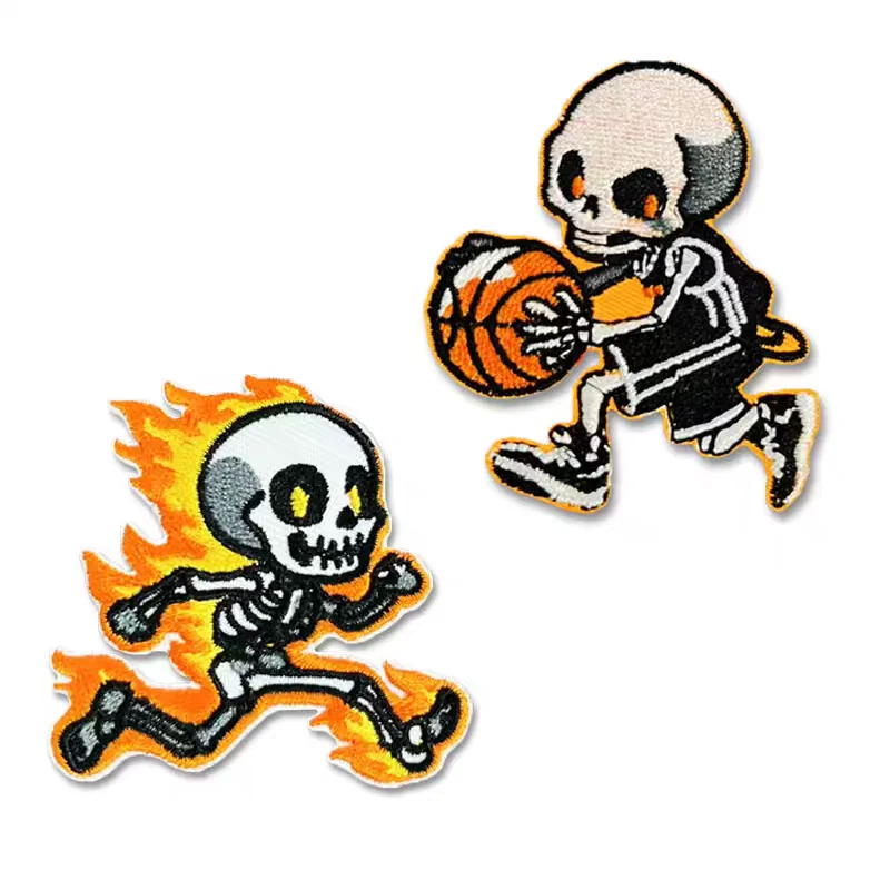 

Iron On Fun Skeleton Embroidery Sports Patch Punk Basketball Flame for Hoodie Customizable Halloween Decoration