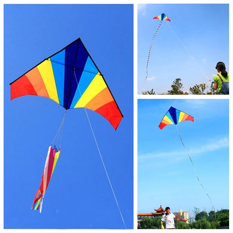 free shipping rainbow kite flying toys outdoor fun large delta kites windsocks kite string reel beautiful handle plastic kites