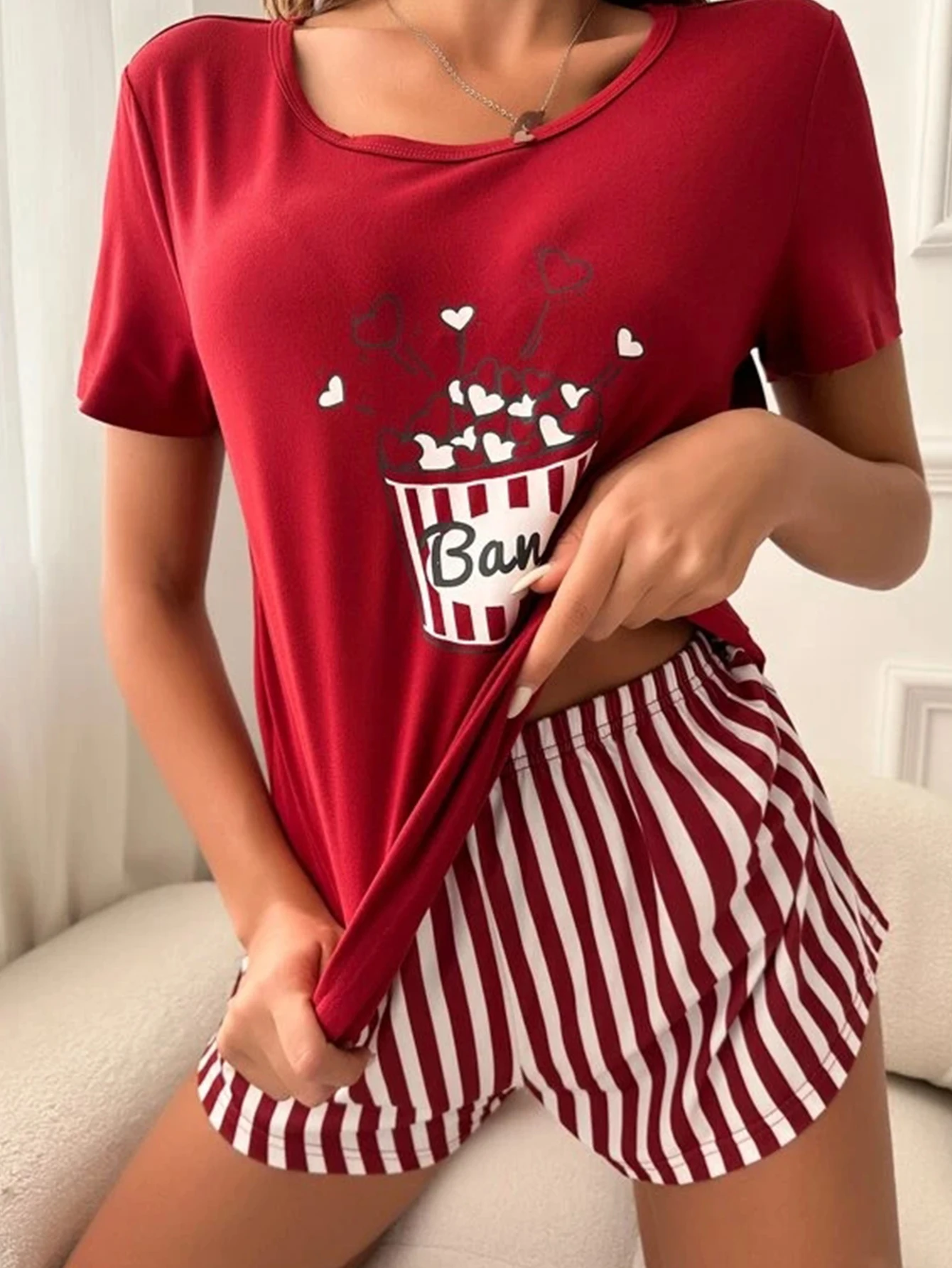 Women Pajamas Set Sleepwear Summer Popcorn Print Short Sleeve Round Neck Top & Allover Prints Strip Shorts Casual Loungewear Set