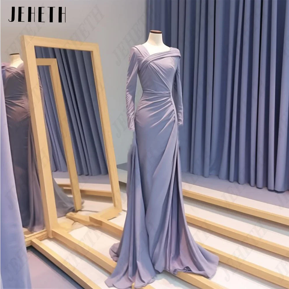 JEHETH Elegant Mermaid Evening Dress For Woman Real Photo Long Sleeves Satin Prom Gowns Sweep Train فساتين سهره فاخره 2024