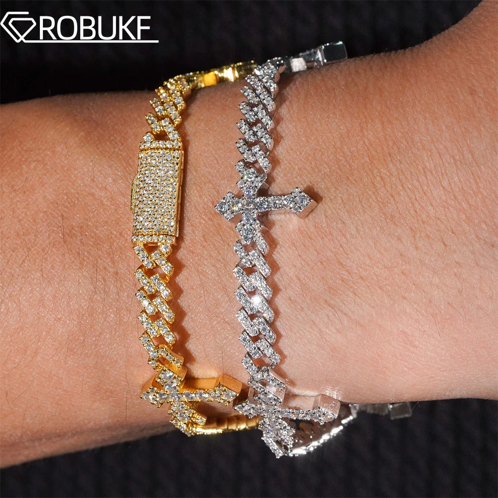 

6mm Cross Cuban Link Full Moissanite Bracelet for Men Women Lab Diamond 925 Sterling Silver Plated 18K Hiphop Party Jewelry Gift