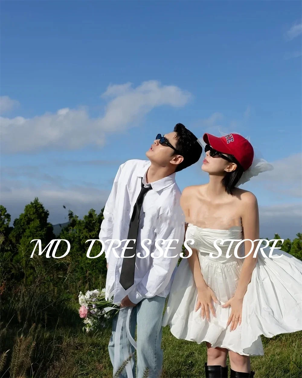 MD 2025 Lvory Short A-line Wedding Dresses 웨딩드레스  Sweetheart Mini Korea Photo Shoot Sleeveless Above Knee Bride Gown Customised