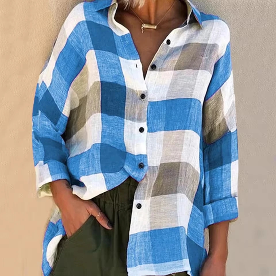 

The plural of Womens Dressy Blouses European And Women'S Printed long-sleeved Shirt Loose Plaid Shirt