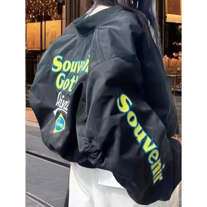 Women Letter Embroidery Bomber Jacket Patch Zip Up Coat Oversized Long Sleeve Retro Motorcycle Y2K Streetwear Outerwear Top