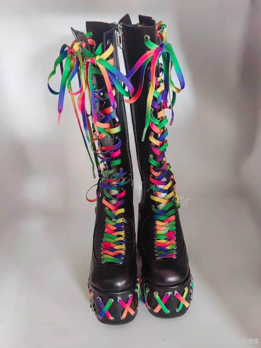 Colorful cross straps knee high boots women/men round toe leather platform chunky heels Rock boots 2024 Stylish cool girls boots