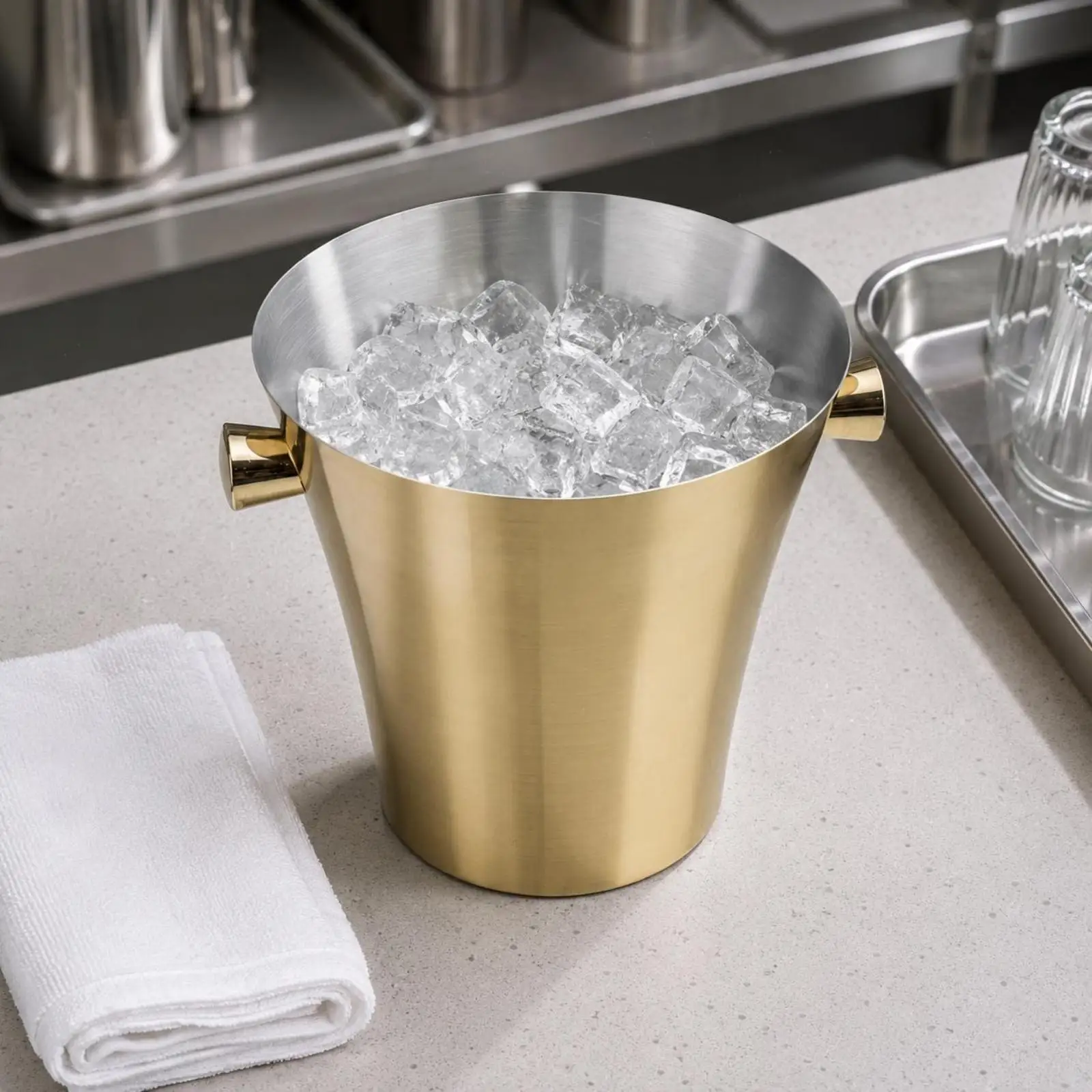 Stainless Steel Ice Container Gilded Finish Metal Ice Container Brushed Silver