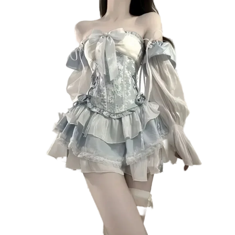 Cosplay Prinses Gezwollen Mouw Strik Bloem Tuniek Mesh Fantasie Sprookjesachtige Jurken Franse Romantische Stijl Lolita Opaal Elegant Meisje