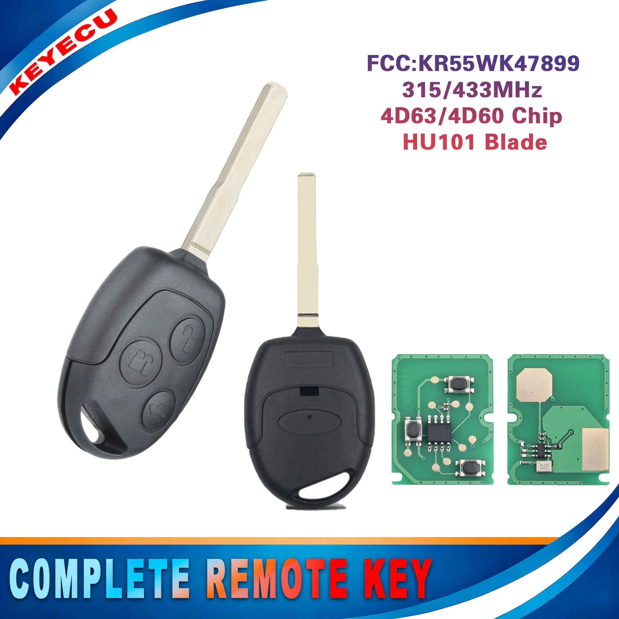 KEYECU for Ford Escape Fiesta 2011-2016 315MHz 433MHz 4D63/4D60 Chip Uncut HU101 Blade Remote Key Fob KR55WK47899