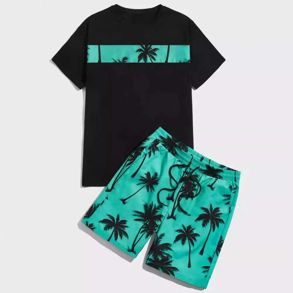 Summer Men T-shirt Shorts Set Beach Outfit Coconut Tree Print T-shirt Loose Fit Elastic Wide Leg Shorts Set Beach Lady Outfit