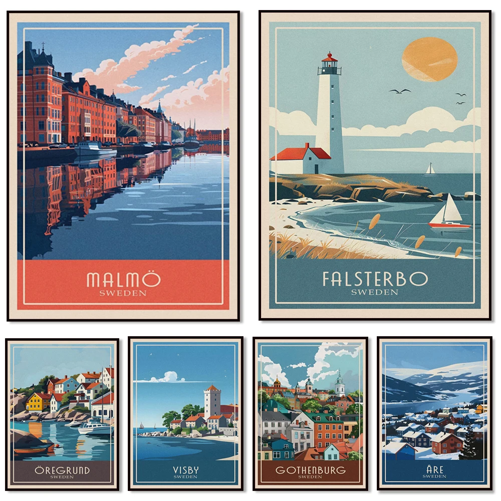 Gothenburg, Uppsala, Falsterbo, Jokkmokk, Kalmar, Kiruna, Malmö, Øregran, Stockholm, Smogen, Visby city travel poster in Sweden