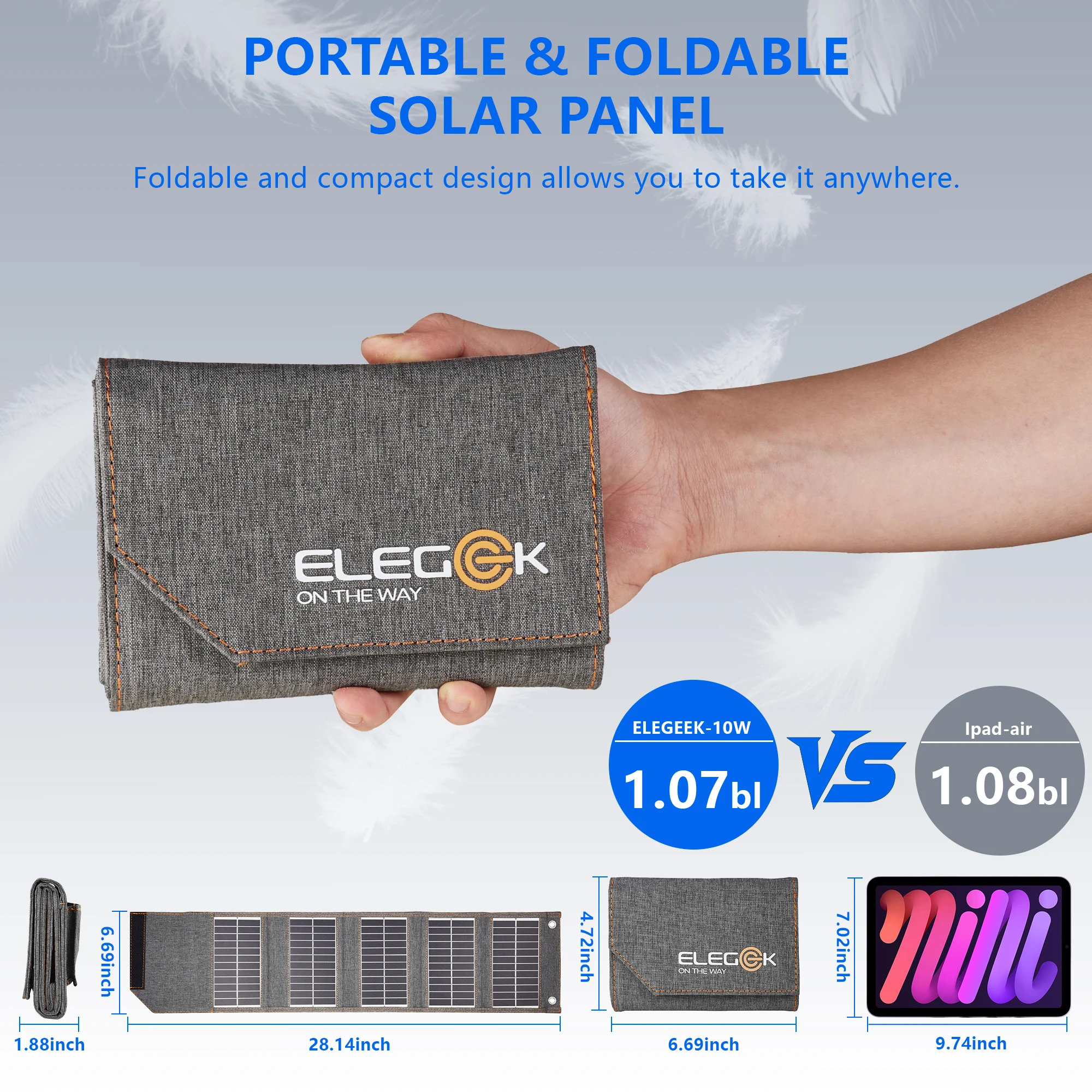 ELEGEEK 10W Portable Foldable Solar Panel Charger Waterproof Folding Solar Panel for Phone iPad GoPro and More 5V Device