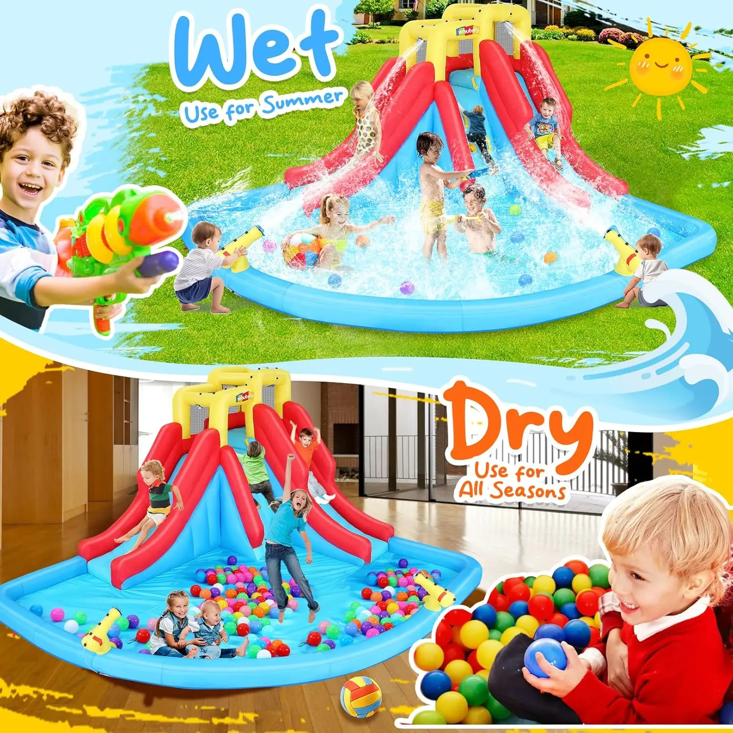 Parque inflável de corrediça de água de imersão dupla – 14,5 x 12,7 x 7,5 pés resistente para diversão no quintal com piscina de respingo gigante, 2 escorregadores, escalada