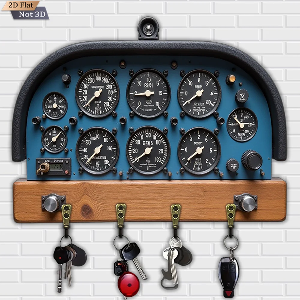 2D-Flach, 1 Stück, Retro-Flugzeug-Instrumententafel-Schlüsselhaken, Multifunktionaler Holz-Schlüsselhaken für Zuhause, mit vier Metallhaken, Wandmontage