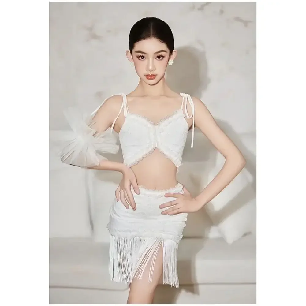 Conjunto de baile latino de verano para niños, falda con borlas y tiras de encaje de lentejuelas, competición de entrenamiento de Samba Rumba, conjunto de dos piezas de ropa