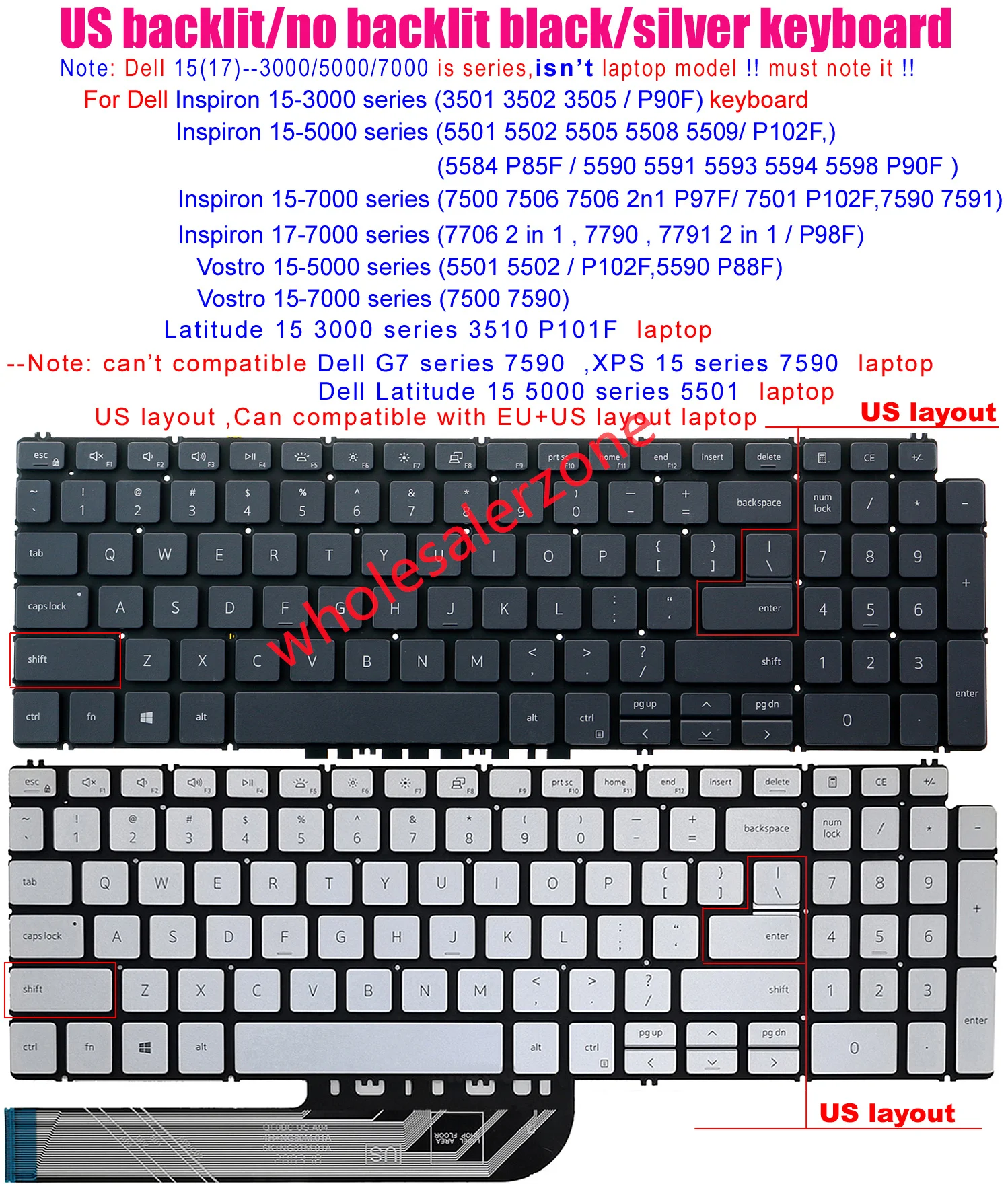 

Keyboard for Dell Inspiron 7500 7506 P97F,7501 P102F,7590 7591,7706 2 in 1,7790,7791 2 in 1 P98F series laptop US layout