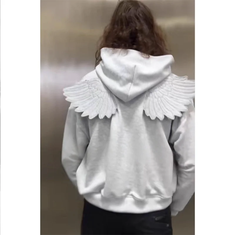 

Spring New Solid Color Zipper Hoodie Cute Personality Street Trend Angel Wings Decorative Jacket Unisex