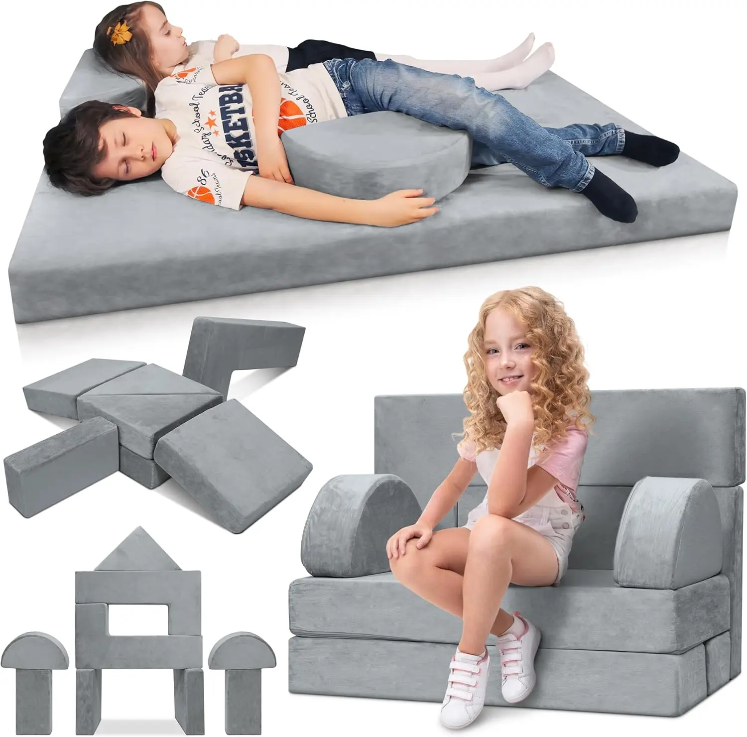 

11pcs Modular Kids Play Couch, Child Sectional Sofa, Fortplay Bedroom and Playroom Furniture for Toddlers, Convertible Foam