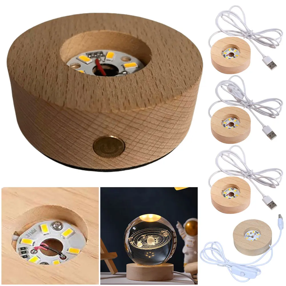 Wooden LED Light Display Base Round Crystal Glass Light Base Stand Resin Lamp Display Stand for Crystal Glass Resin Art