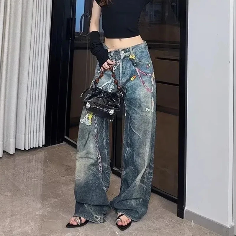 Hiphop Chain Print Jeans Women American Vintage High Street Punk Denim Pants Jazz Inspired Loose Harajuku Y2K Lazy Trousers