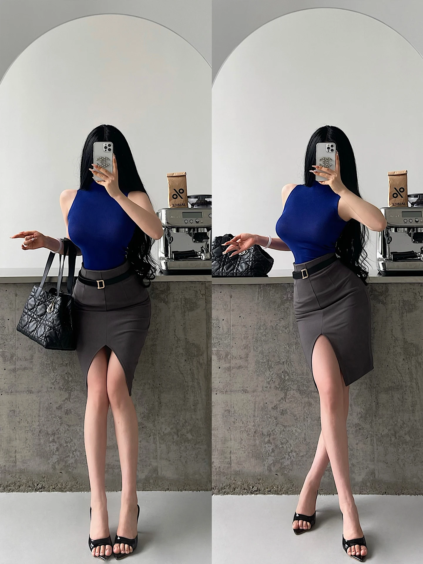 Seasonless High Waist Sexy Korean Style OL  Skirt Bodycon Asymmetrical Zipper Front Slit Mid-Length Women's Skirt