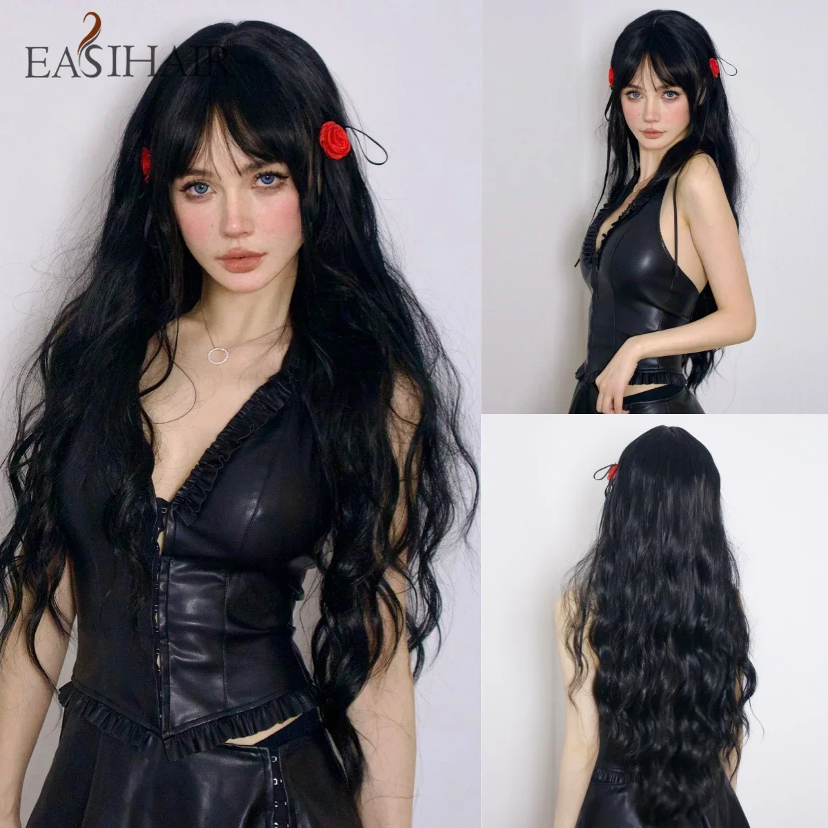 EASIHAIR Long Loose Wave Black Synthetic Wig with Bangs for Women Natural Hair Cosplay Daily Water Wavy Wigs Heat Resistant