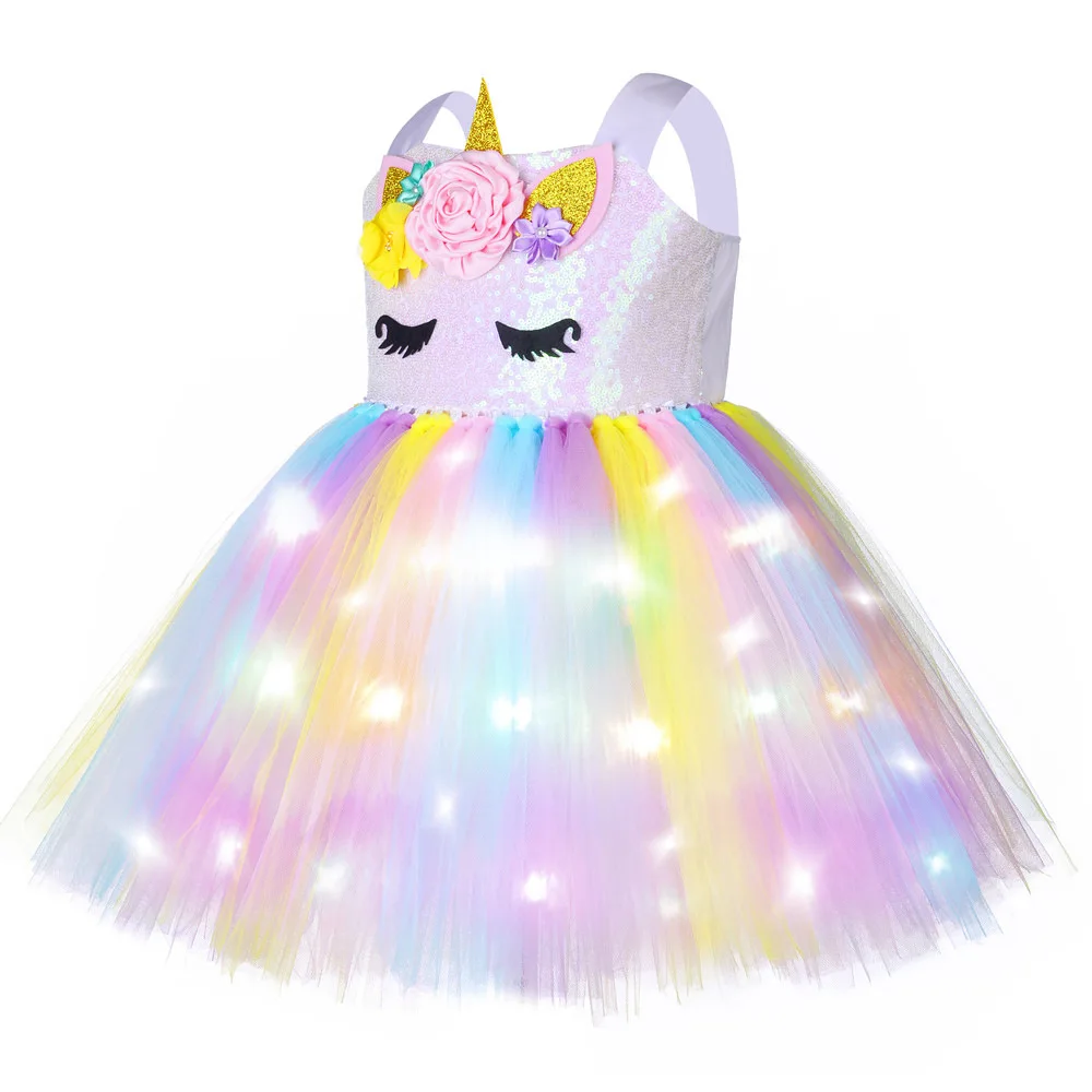 Girls Glittery Pastel Unicorn Costumes Led Lights Little Pony Princess Dresses for Kids Birthday Party Tutus Outfit with Wings