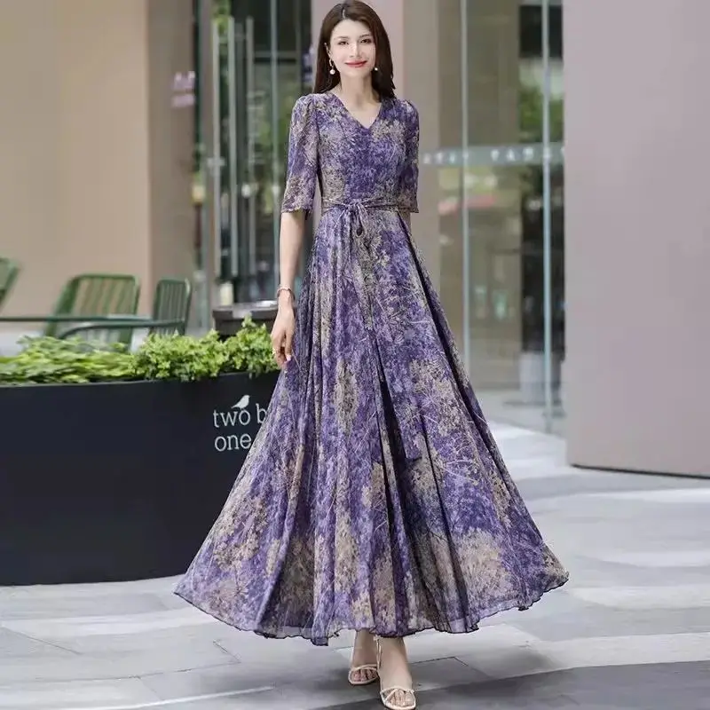 

2024 Bohemia Summer Women Elegant Chiffon Maxi Dresses Lace-up Slim Purple Print Dresses Beach Vacation Retro A-Line Dresses