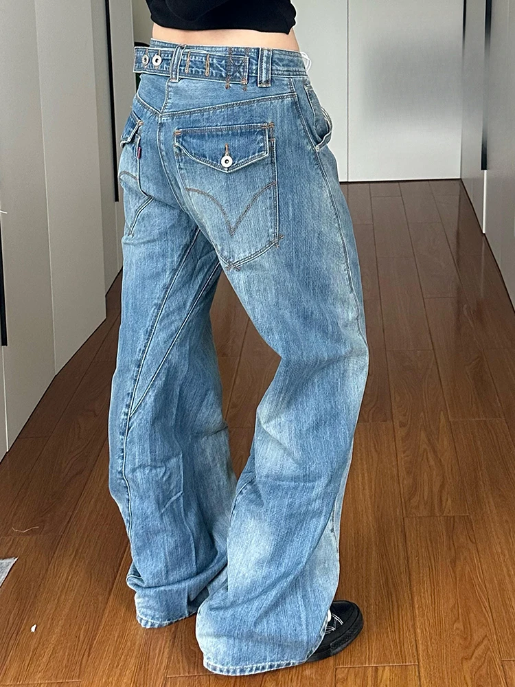 

American High Street Sle Women's Distred Denim Jeans ket Adjustable Bule Slimming Floor-Length Trendy Pants