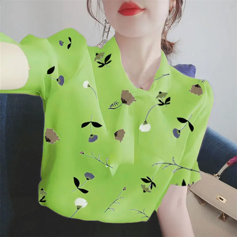 Office Lady Floral Printing Shirt 2024 Summer Fashion Scarf Collar Bow Female Clothing Casual Short Sleeve Loose Chiffon Blouse