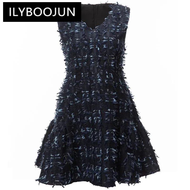 

ILYBOOJUN Fashion Spring Summer Women's Dress V-neck Sleeveless Knitted tassel Tweed Dresses