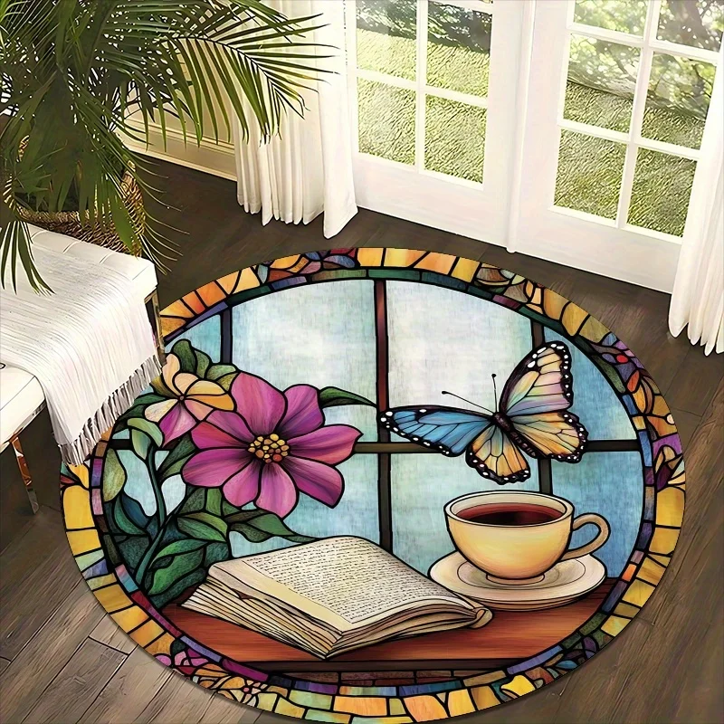 

Colored butterflies and flowers Flannel-printed round floor mats are slip-resistant Suitable living room terrace garden carpets