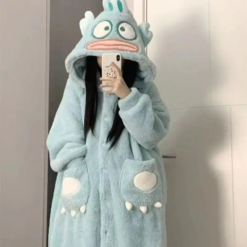 Sanrio Anime Hangyodon Nightgown Kawaii Lounge Clothes Girl Thickened Long Style Bathrobe Leisure Pajamas Keep Warm Gift