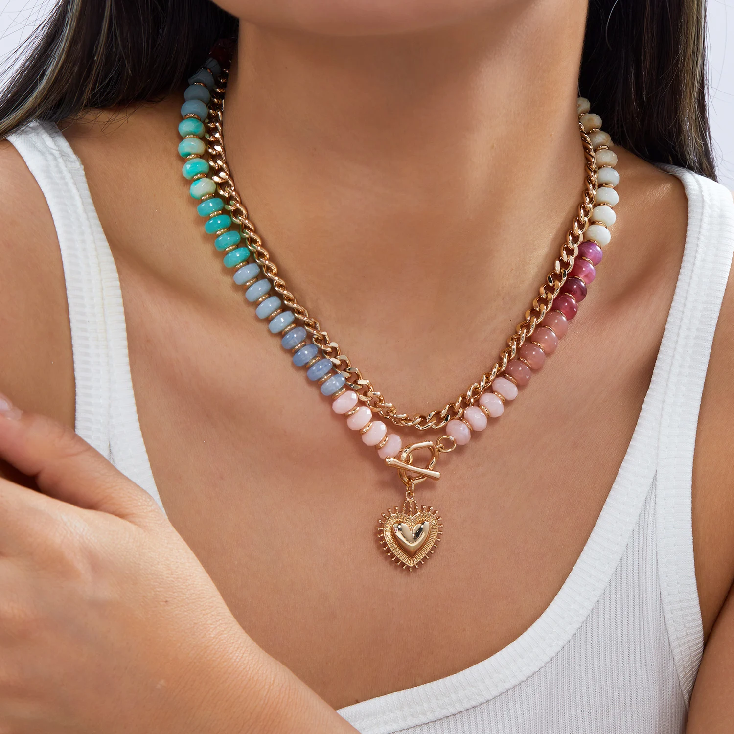 Boho Bunte Harzperlen-Doppelschicht-Halsketten für Damen, Vintage Herz OT Toggle Anhänger Choker, Sommer Charms Schmuck Geschenke – Detail 1