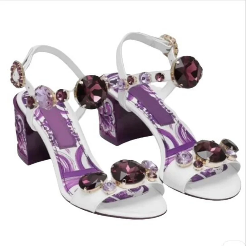 2025 New Bohemian Purple Water Diamond Strap Sandals Women Fairy Style Open Toed 6Cm 10Cm Chunky High Heels Shoes Female Size 43