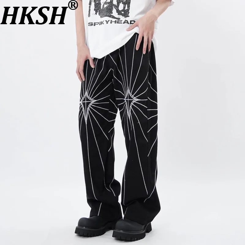 HKSH Spring Autumn Men Tide American High Street Spider Web Embroidered Jeans Hip Hop Trendy Straight  Vibe Denim Pants HK17268