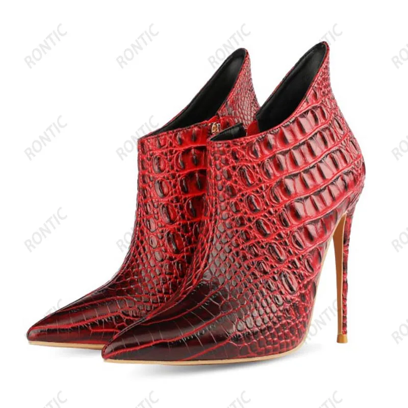 Ahhlsion Women Winter Ankle Boots Crocodile Pattern Stiletto Heels Pointed Toe Pretty Purple Beige Shoes US Plus Size 4-13