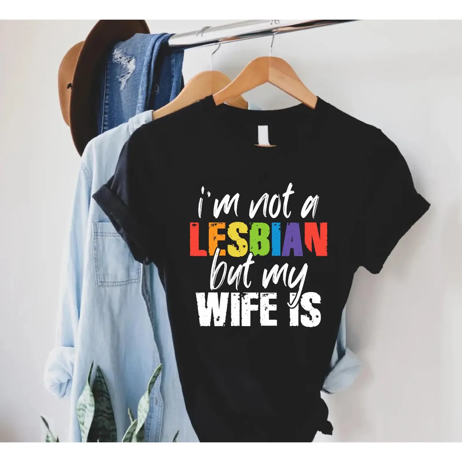 I amp 39 m Not A Lesbian But My Wife Is LGBTQ T Shirt Gay Wedding  vintage Washed Unisex Breathable homme designer clothes