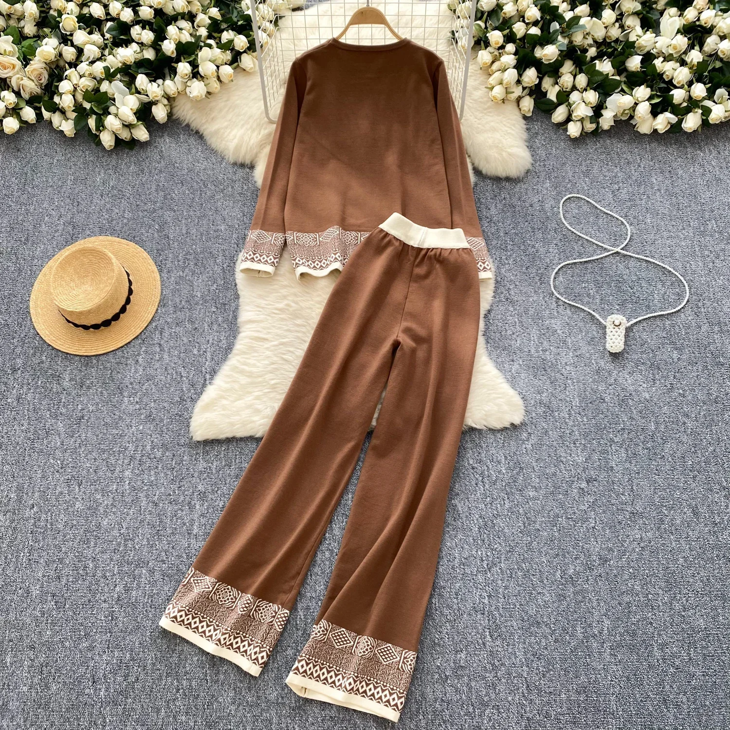 Women Two-Piece Sets Slim Basics Long Sleeve O-neck Print Knit Top and High Waist Wide Leg Pants Korean Autumn Winter Clothing