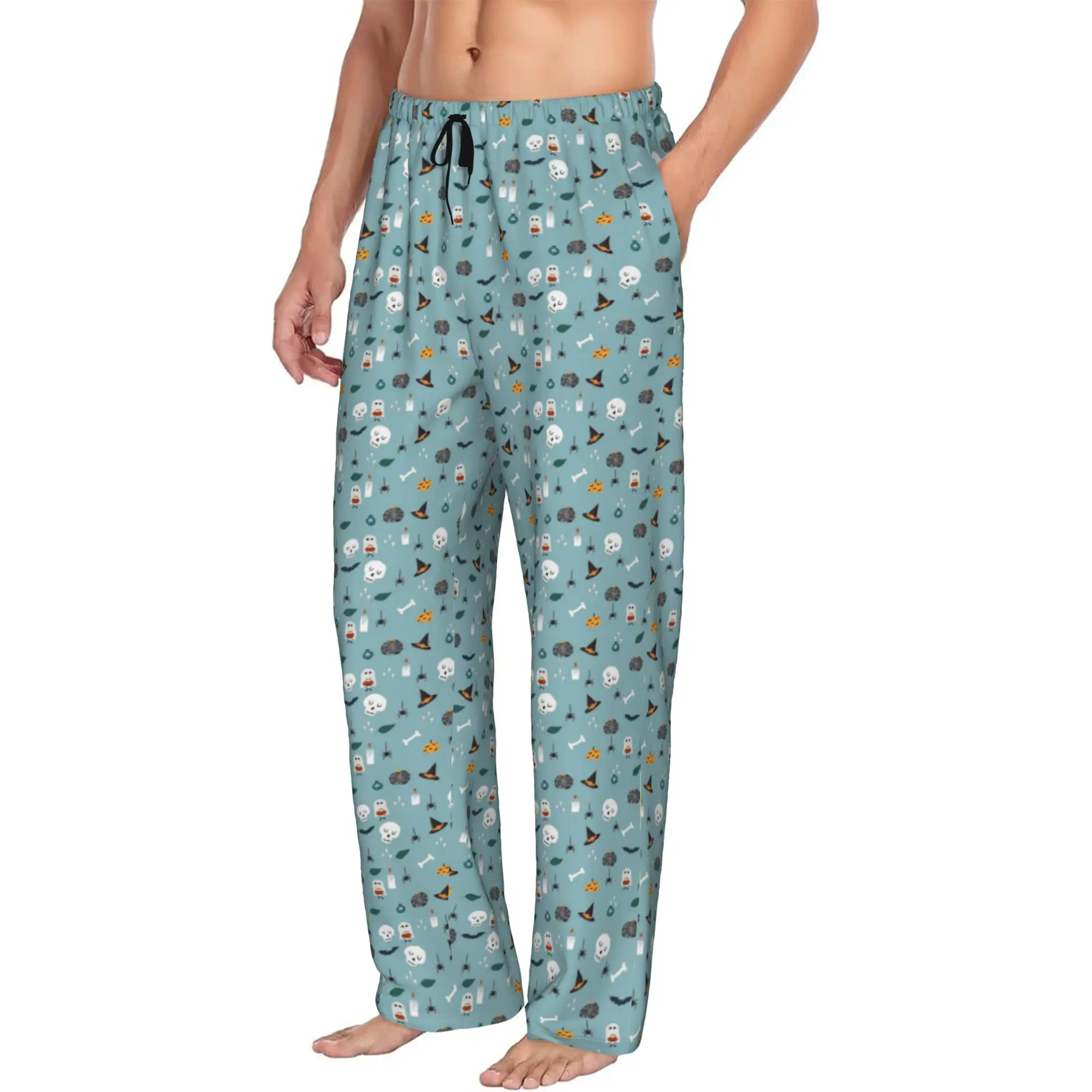 Custom Printed Halloween Pumpkin Witch Skull Pattern Pajama Pants Men's  Sleep Sleepwear Bottoms with Pockets