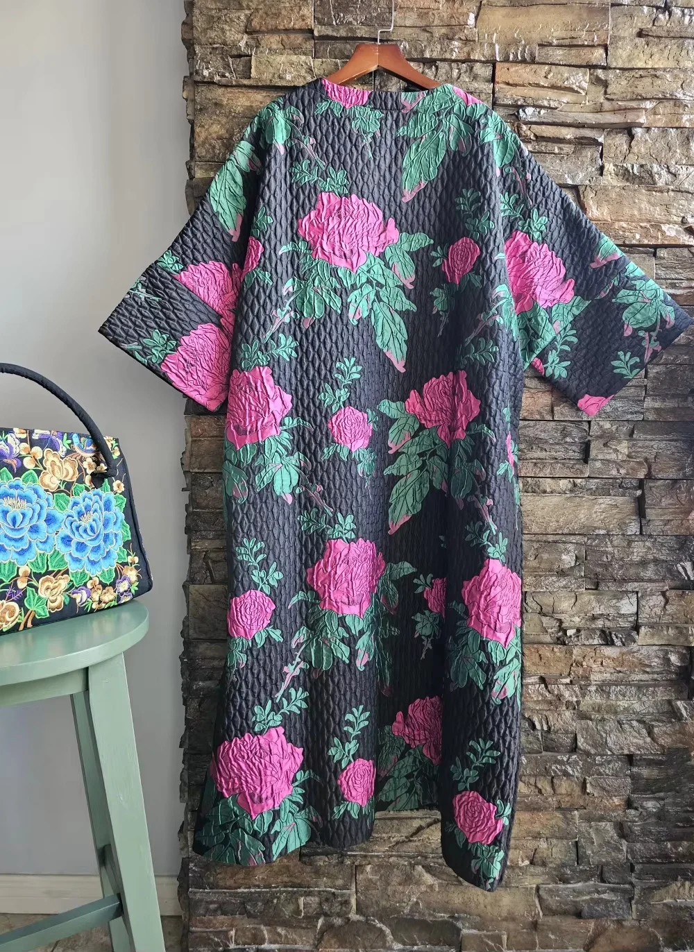 Luxury women's dress Thick black print loose large size casual party dresses Chinese style embroidery patchwork winter coat