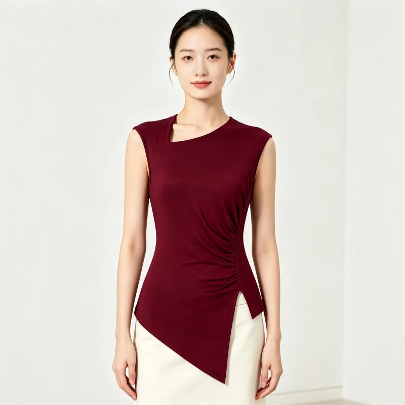 Women's Sleeveless Top, Asymmetrical Design Side Slit Shirt, Elegant Casual Commuting Solid Color Vest