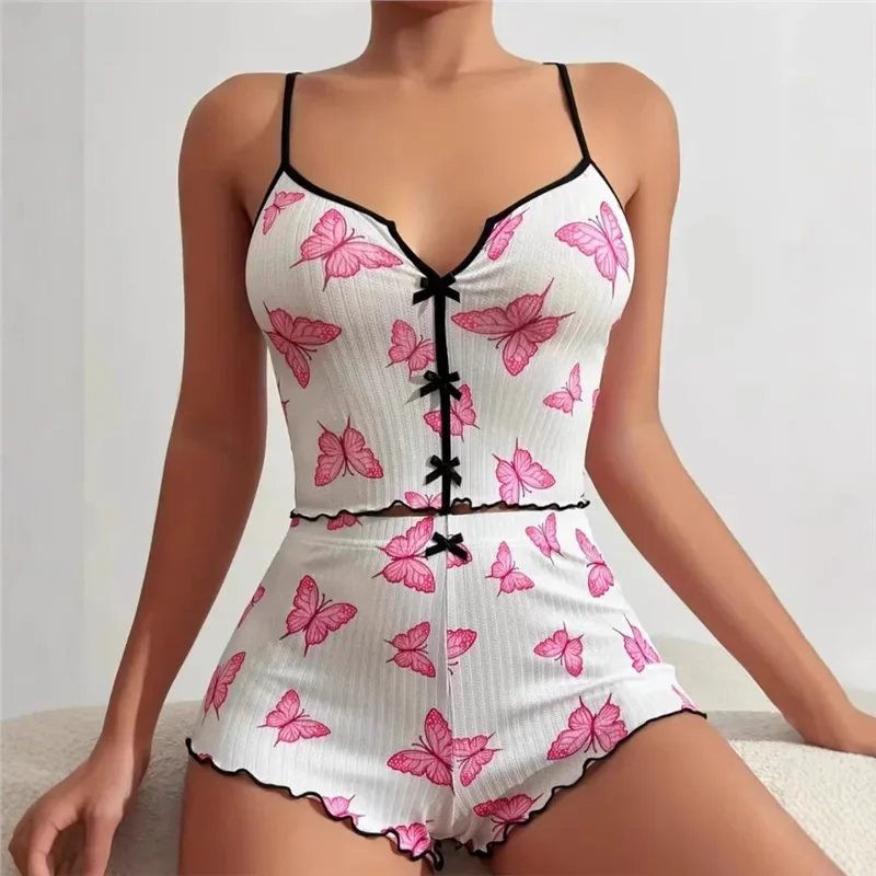 Nueva Oferta de Temporada: Conjunto de Pijama con Estampado de Corazones y Bloques de Color, con Abertura Frontal y Tirantes, Top de Tirantes para Mujer, Sin Costuras