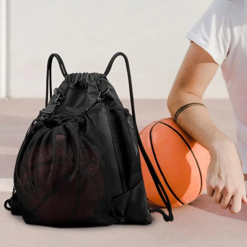 แบบพกพา Drawstring กระเป๋าเป้สะพายหลังบาสเกตบอลตาข่ายกระเป๋าฟุตบอลฟุตบอลวอลเลย์บอลลูกกระเป๋าสําหรับยิมกีฬากลางแจ้งการเดินทาง