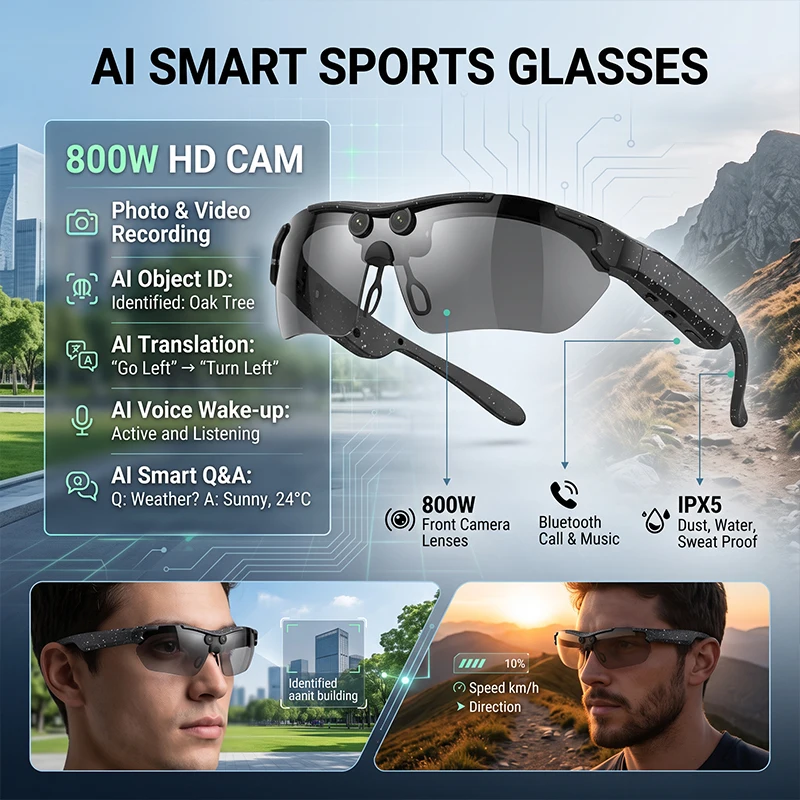 AI Sports Smart Glasses With Camera Women Men Outdoor Riding Windproof UV400 Goggle Bluetooth Touch Control Translator Shades