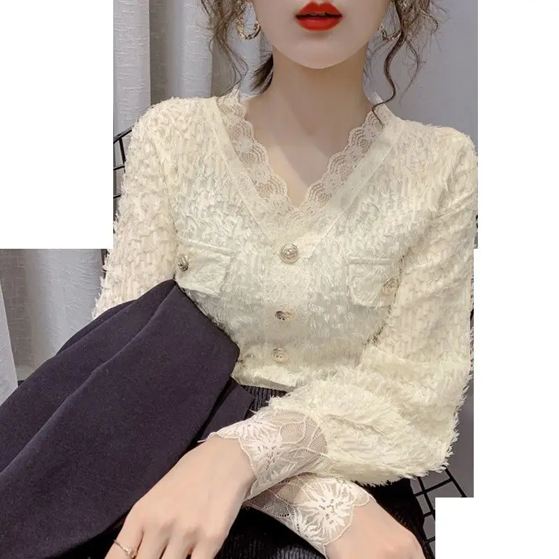 2023 New Spring Fashion Celebrity Temperament Tassel V-Neck Lace Shirt Women\'s Long Sleeve Foreigner Style Underlay Top Bottom