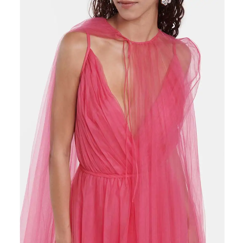 Abito sottoveste con collo profondo rosa abito da Cocktail con scollo a cuore abito da ballo con volant Sexy Tulle ricamato mantello in Tulle occasione formale da donna