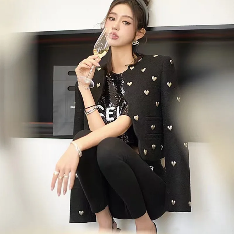 Black Heart-Patterned Woolen Tweed Short Coat for Women In Autumn, Stylish and Fashionable Design, Small Tailored Suit.