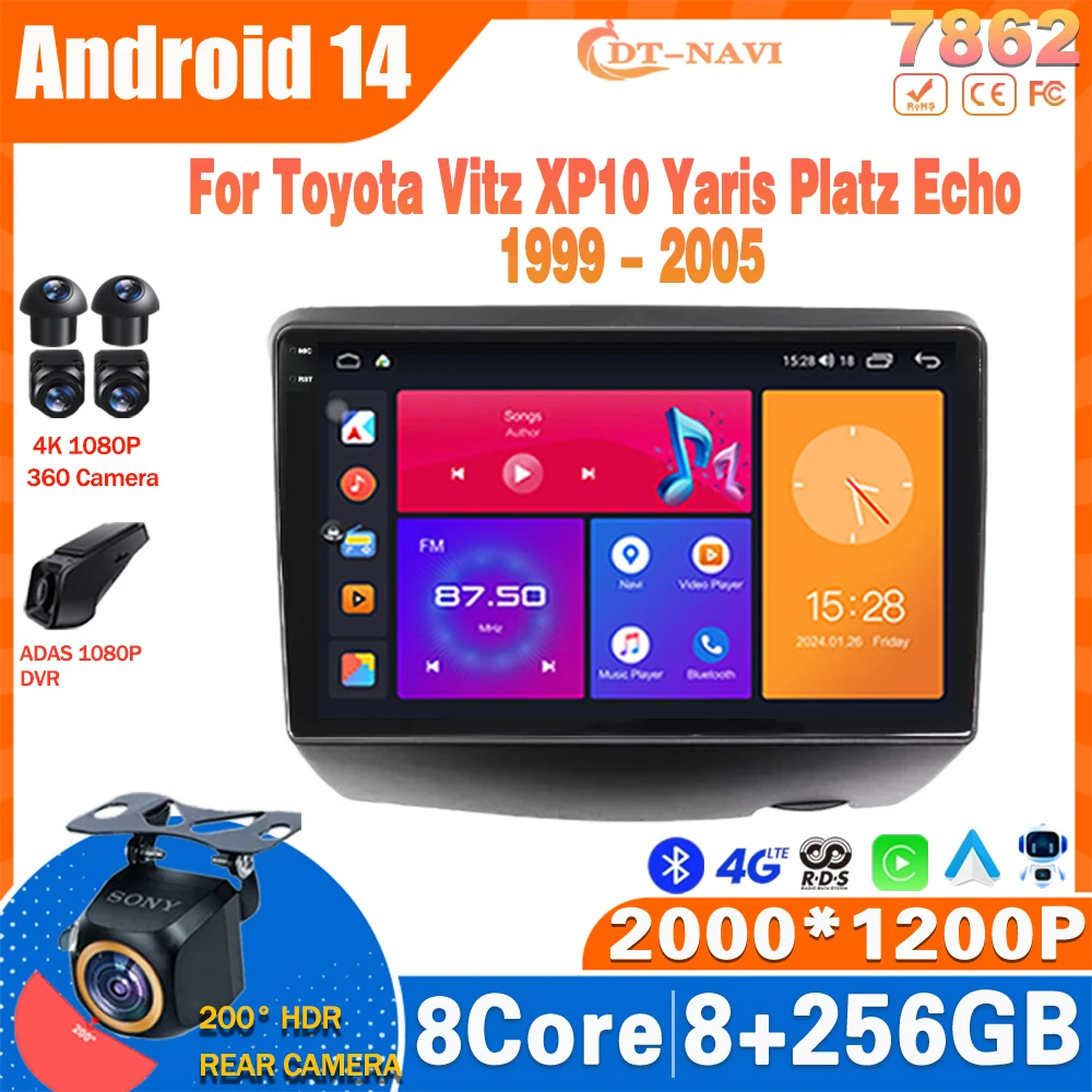 Android14 Car Radio For Toyota Vitz XP10 Yaris Platz Echo 1999 - 2005 Multimedia Video Player Navigation GPS 4G NO 2Din Carplay