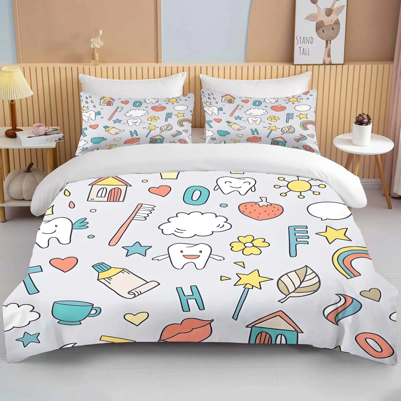 

Cute Cartoon Teeth Print Bedding Set Duvet Cover 1 Duvet Cover 2 Pillowcases Adult And Children Bedding Set Luxury Bed Cover Set