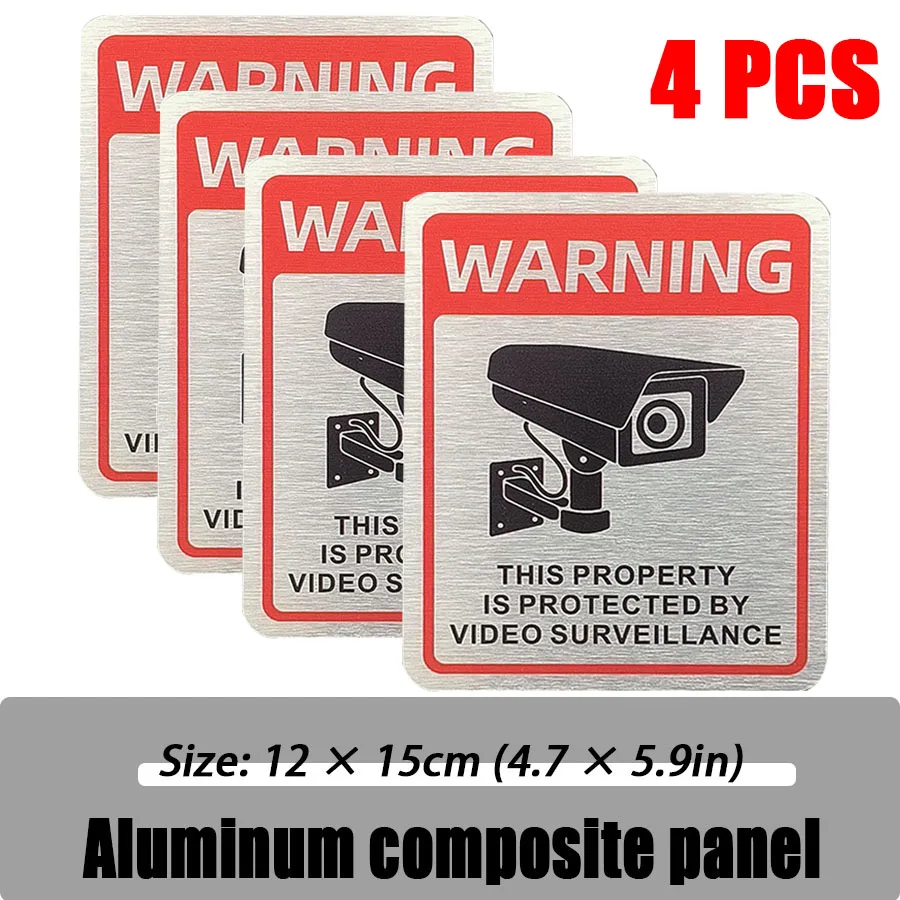 Placa de aluminio de 4 Uds., señal rápida de monitoreo, señal de advertencia en inglés, signo de área de monitoreo de patio de territorio privado